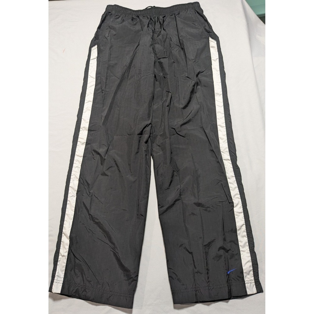 VTG 90s NIKE Men‎ XL Black Track Pants White Side-Stripe Blue Ankle Swoosh EUC